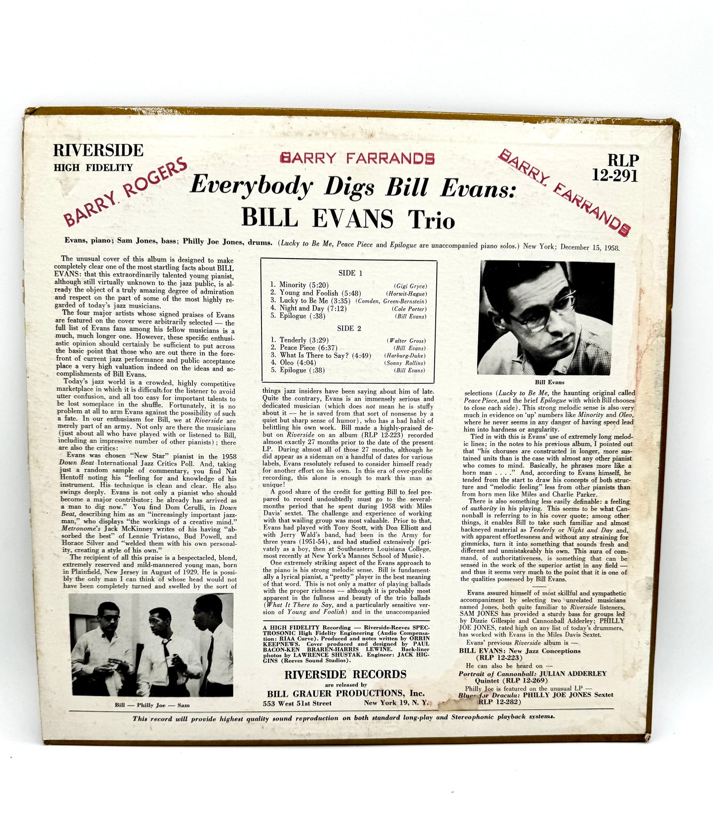 Bill Evans "Everybody Digs Bill Evans" RLP 12-291 VG+/VG+