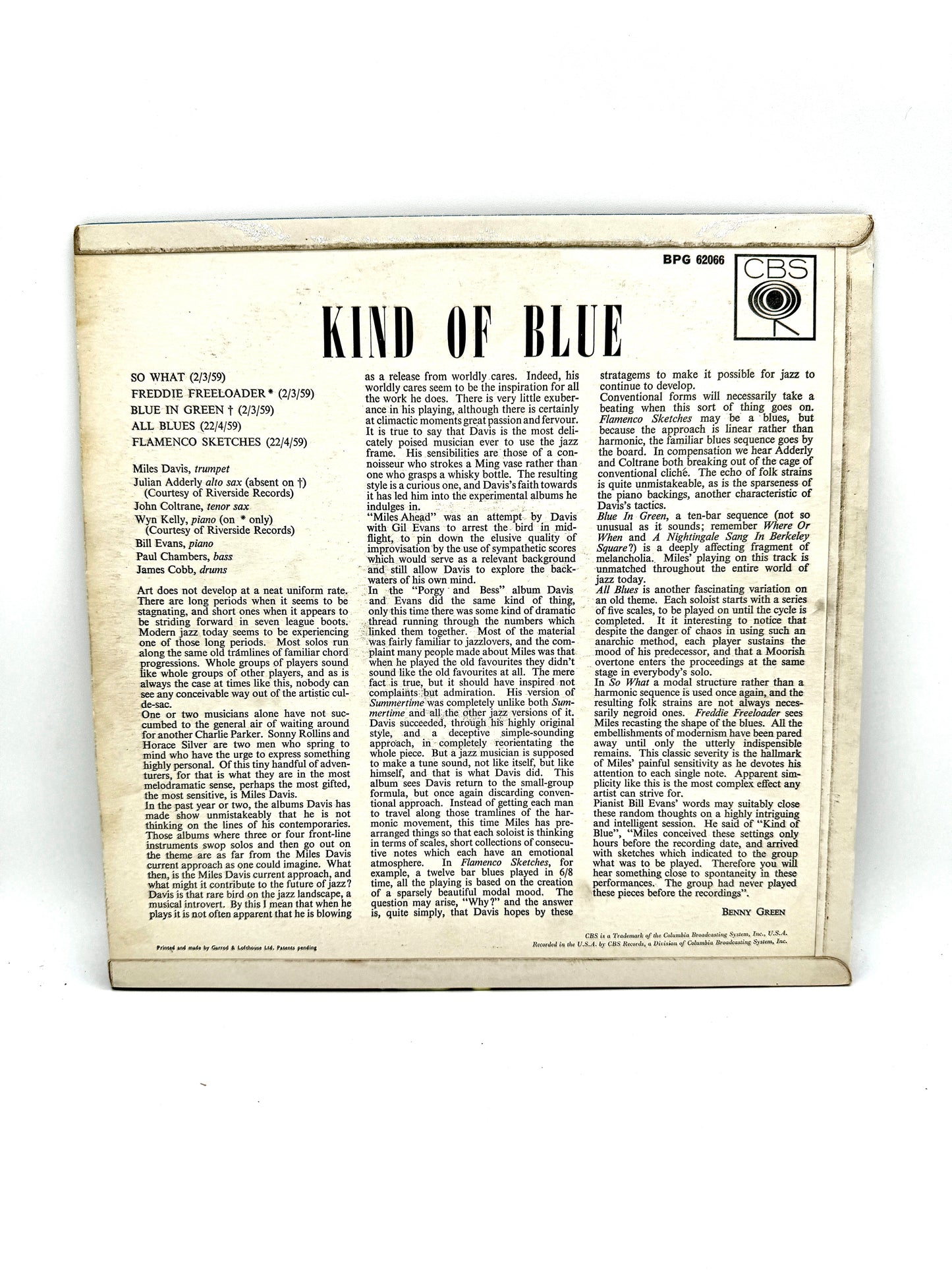 Miles Davis 'Kind of Blue" BPG 62066 VG+/VG+ Rare UK Mono CBS Early Release